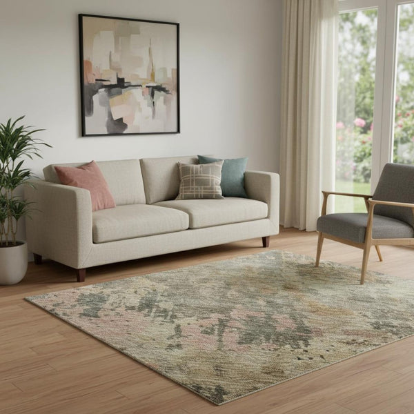 HomeRoots 5' X 8' Sage and Beige Abstract Area Rug - Washable, UV Protected, Kid & Pet Friendly for Every Home 688409