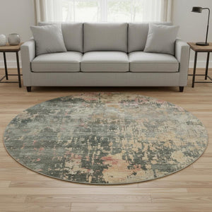 HomeRoots 8' Sage and Beige Abstract Round Rug – UV Protected, Washable, Stain-Resistant for High-Traffic Areas 688410