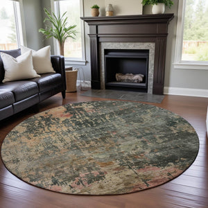 HomeRoots 8' Sage and Beige Abstract Round Rug – UV Protected, Washable, Stain-Resistant for High-Traffic Areas 688410