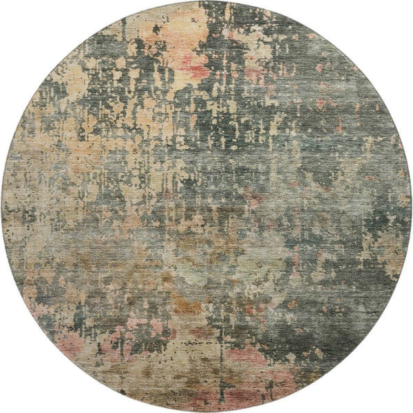 HomeRoots 8' Sage and Beige Abstract Round Rug – UV Protected, Washable, Stain-Resistant for High-Traffic Areas 688410