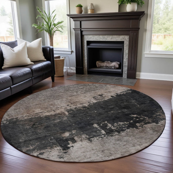 HomeRoots 8' Stylish Taupe Beige & Gray Abstract Round Rug – Washable, UV Protected & Durable for Everyday Living 688416
