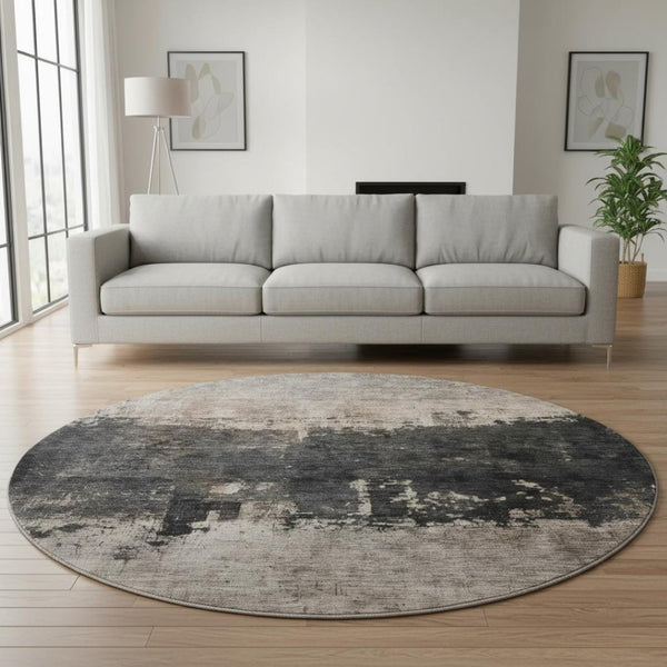 HomeRoots 8' Stylish Taupe Beige & Gray Abstract Round Rug – Washable, UV Protected & Durable for Everyday Living 688416