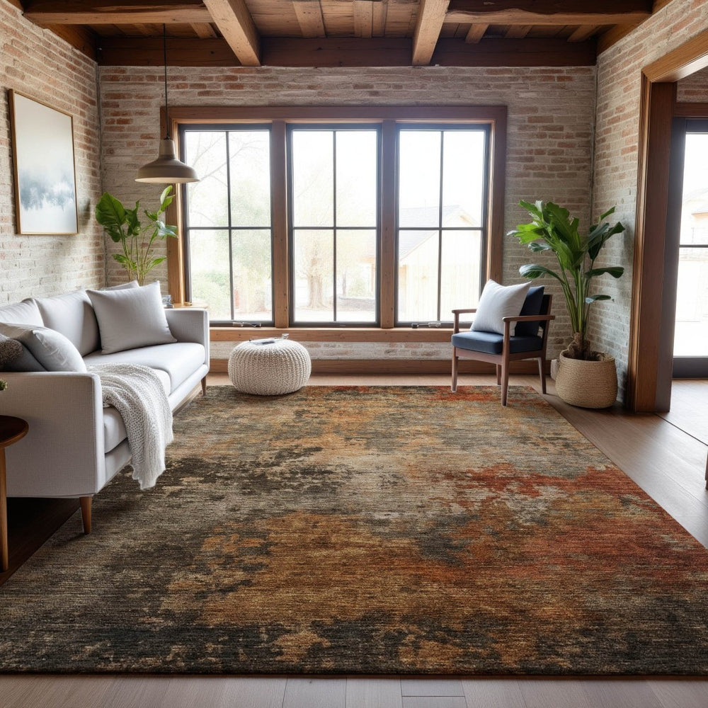 HomeRoots 5' Khaki Red and Charcoal Abstract Washable Area Rug – UV Protected, Stain-Resistant, Durable Design 688421