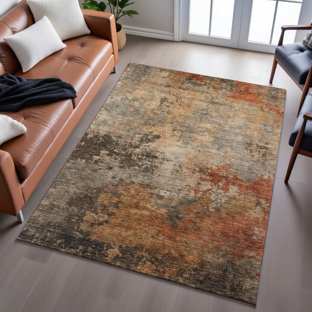 HomeRoots 5' Khaki Red and Charcoal Abstract Washable Area Rug – UV Protected, Stain-Resistant, Durable Design 688421