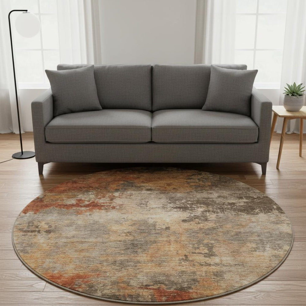 HomeRoots 8' Khaki Red & Charcoal Abstract Round Rug – Durable, Stain-Resistant, UV-Protected for Homes 688422