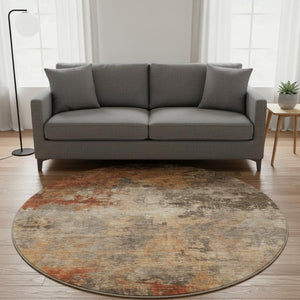 HomeRoots 8' Khaki Red & Charcoal Abstract Round Rug – Durable, Stain-Resistant, UV-Protected for Homes 688422