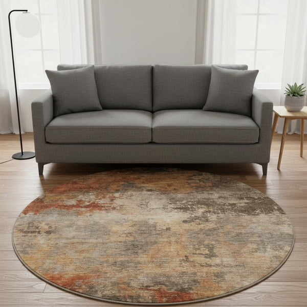 HomeRoots 8' Khaki Red & Charcoal Abstract Round Rug – Durable, Stain-Resistant, UV-Protected for Homes 688422