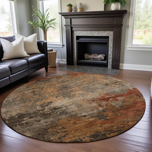 HomeRoots 8' Khaki Red & Charcoal Abstract Round Rug – Durable, Stain-Resistant, UV-Protected for Homes 688422