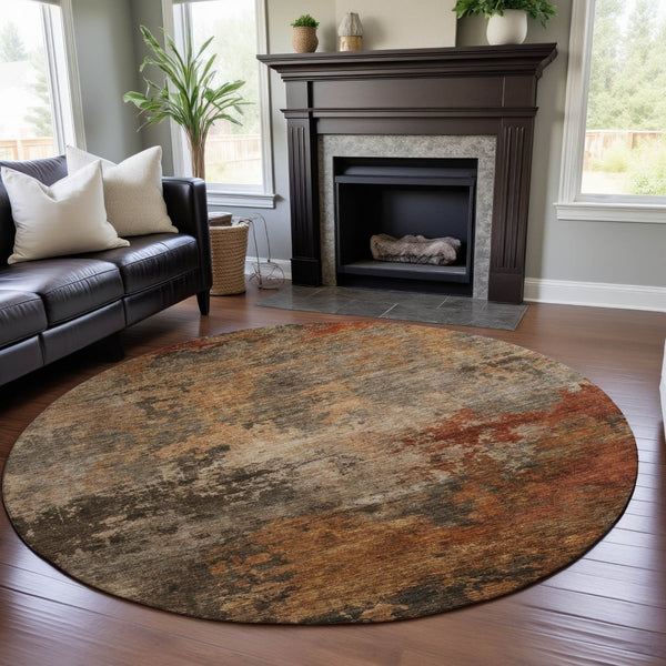 HomeRoots 8' Khaki Red & Charcoal Abstract Round Rug – Durable, Stain-Resistant, UV-Protected for Homes 688422