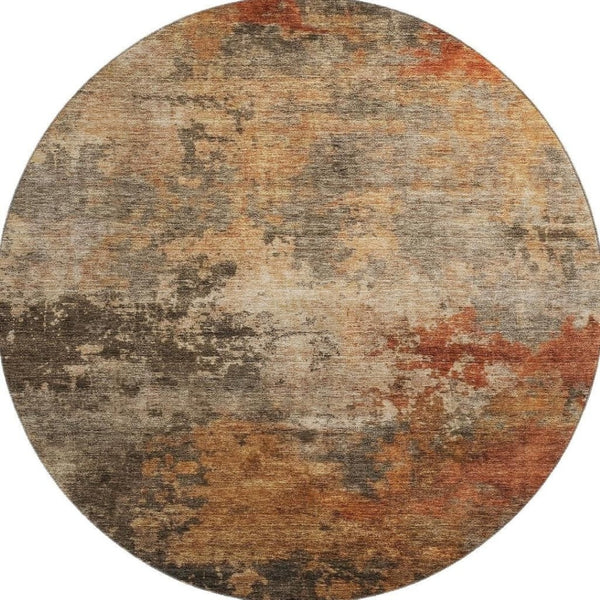 HomeRoots 8' Khaki Red & Charcoal Abstract Round Rug – Durable, Stain-Resistant, UV-Protected for Homes 688422