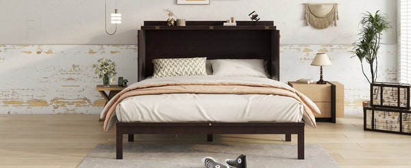 English Elm Queen Size Murphy Bed – Elegant Pine Wood Cabinet With Power Station & Rattan Accents, Espresso Finish W504S00235-GIGA