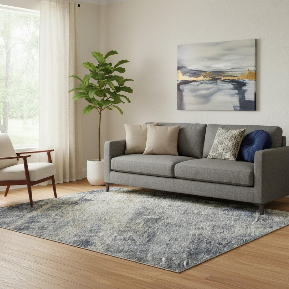 HomeRoots 5' X 8' Stylish Denim Blue Abstract Area Rug with UV Protection - Washable, Pet Friendly, Durable Design 688427