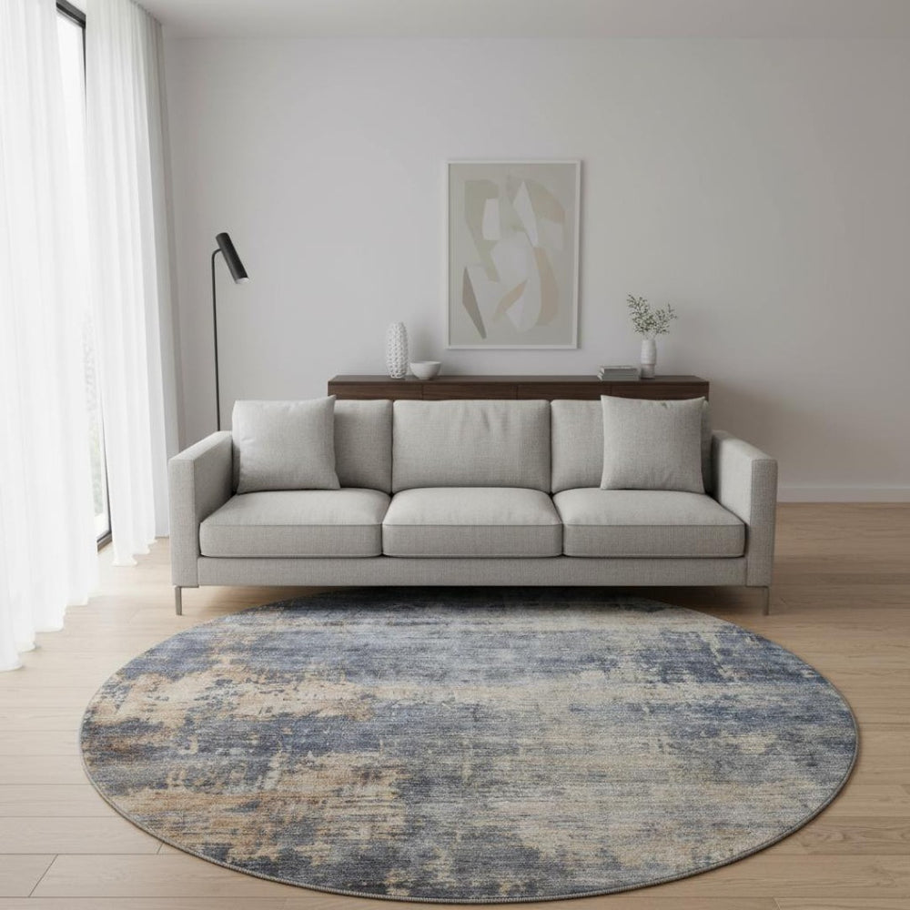 HomeRoots 8' Denim Blue Abstract Round Rug - Washable, Stain Resistant, UV Protected for High-Traffic Areas 688428