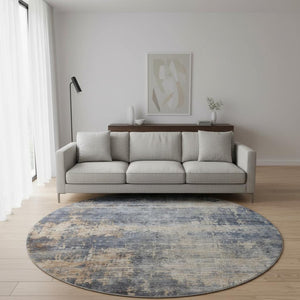 HomeRoots 8' Denim Blue Abstract Round Rug - Washable, Stain Resistant, UV Protected for High-Traffic Areas 688428