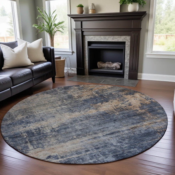 HomeRoots 8' Denim Blue Abstract Round Rug - Washable, Stain Resistant, UV Protected for High-Traffic Areas 688428