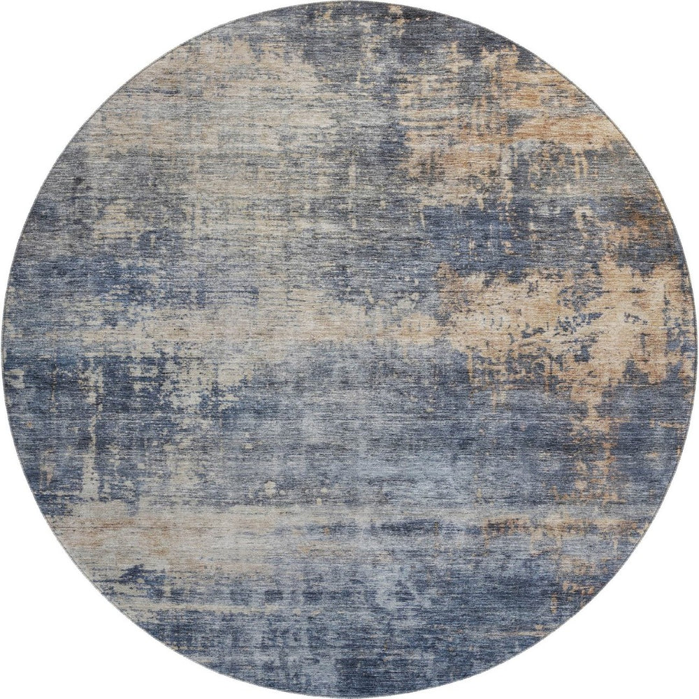 HomeRoots 8' Denim Blue Abstract Round Rug - Washable, Stain Resistant, UV Protected for High-Traffic Areas 688428