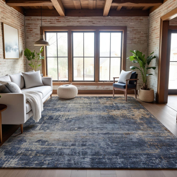 HomeRoots 10' X 14' Washable Area Rug in Denim Blue, Silver & Beige - UV Protected, Stain-Resistant & Durable 688431