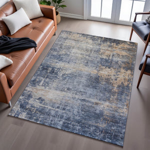 HomeRoots 10' X 14' Washable Area Rug in Denim Blue, Silver & Beige - UV Protected, Stain-Resistant & Durable 688431