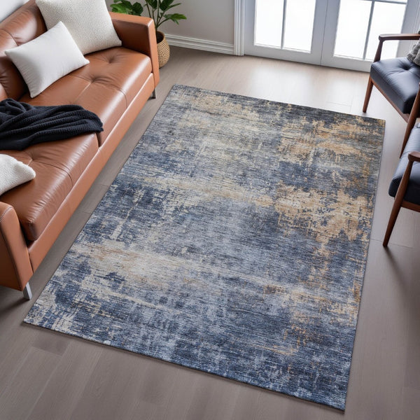 HomeRoots 10' X 14' Washable Area Rug in Denim Blue, Silver & Beige - UV Protected, Stain-Resistant & Durable 688431
