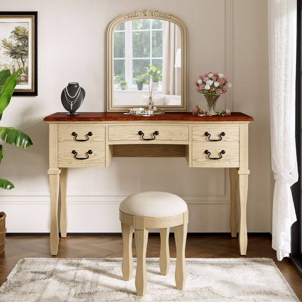 English Elm 46" Vintage Dressing Table Floral Carved Mirror 5 Drawers Stool Bedroom Vanity N704P381405K