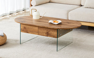 English Elm Coffee modern wood coffee table with double drawers, tempered glass sides, sleek storage & easy assembly W1151P191785