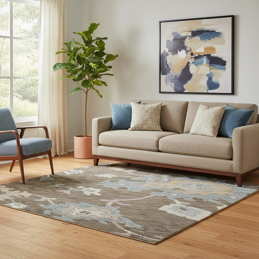 HomeRoots 5' Floral Washable Area Rug in Chocolate Blue & Beige – UV Protected, Stain-Resistant, Durable Design 688476