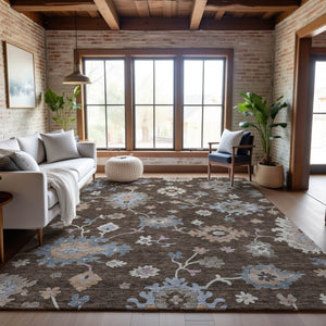 HomeRoots 5' Floral Washable Area Rug in Chocolate Blue & Beige – UV Protected, Stain-Resistant, Durable Design 688476