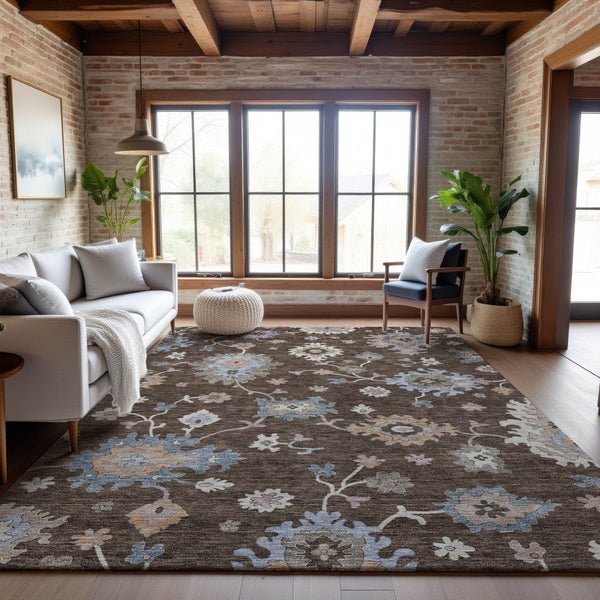 HomeRoots 5' Floral Washable Area Rug in Chocolate Blue & Beige – UV Protected, Stain-Resistant, Durable Design 688476