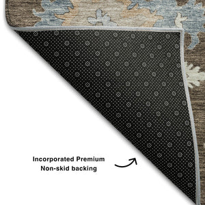 HomeRoots 5' Floral Washable Area Rug in Chocolate Blue & Beige – UV Protected, Stain-Resistant, Durable Design 688476