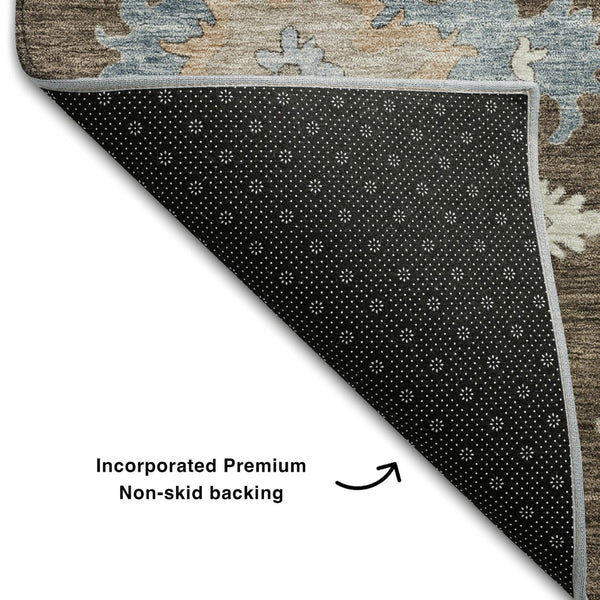 HomeRoots 5' Floral Washable Area Rug in Chocolate Blue & Beige – UV Protected, Stain-Resistant, Durable Design 688476