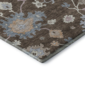 HomeRoots 5' Floral Washable Area Rug in Chocolate Blue & Beige – UV Protected, Stain-Resistant, Durable Design 688476