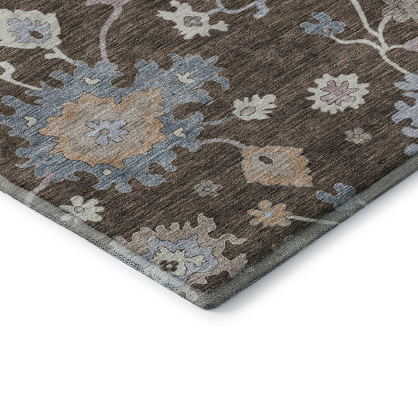 HomeRoots 5' Floral Washable Area Rug in Chocolate Blue & Beige – UV Protected, Stain-Resistant, Durable Design 688476