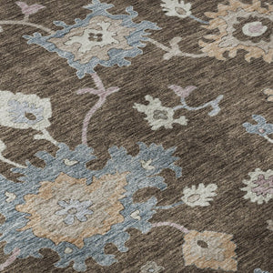 HomeRoots 5' Floral Washable Area Rug in Chocolate Blue & Beige – UV Protected, Stain-Resistant, Durable Design 688476