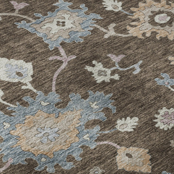 HomeRoots 5' Floral Washable Area Rug in Chocolate Blue & Beige – UV Protected, Stain-Resistant, Durable Design 688476