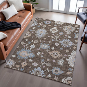 HomeRoots 5' Floral Washable Area Rug in Chocolate Blue & Beige – UV Protected, Stain-Resistant, Durable Design 688476