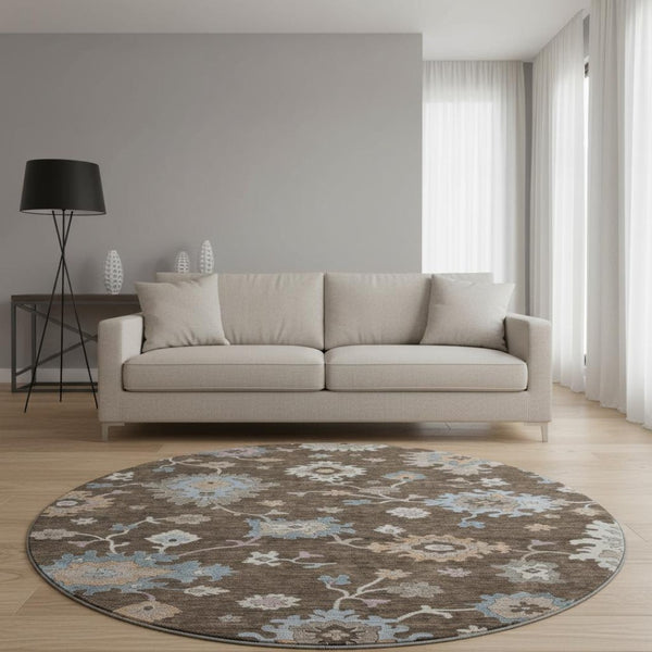 HomeRoots 8' Round Floral Washable Rug in Chocolate, Blue & Beige - UV Protected, Non-Slip, Stain Resistant 688477