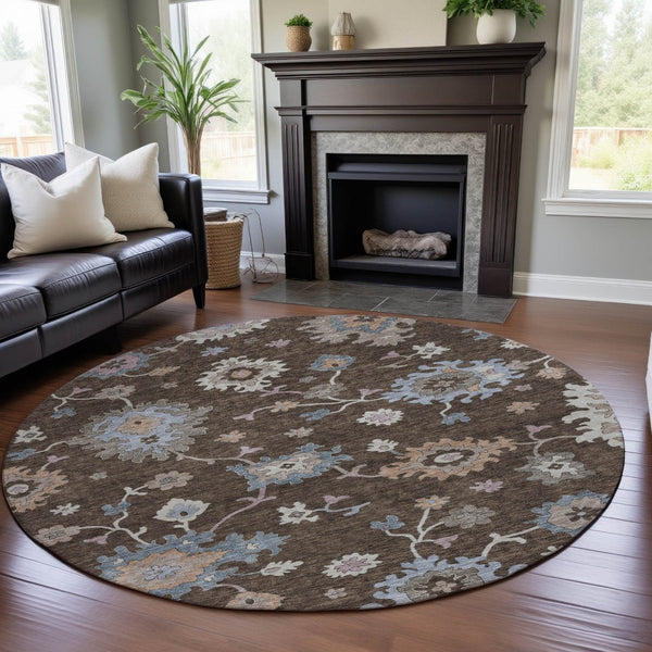 HomeRoots 8' Round Floral Washable Rug in Chocolate, Blue & Beige - UV Protected, Non-Slip, Stain Resistant 688477