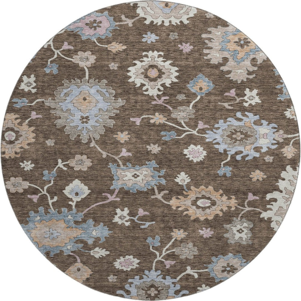HomeRoots 8' Round Floral Washable Rug in Chocolate, Blue & Beige - UV Protected, Non-Slip, Stain Resistant 688477