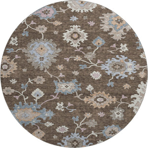 HomeRoots 8' Round Floral Washable Rug in Chocolate, Blue & Beige - UV Protected, Non-Slip, Stain Resistant 688477