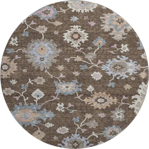 HomeRoots 8' Round Floral Washable Rug in Chocolate, Blue & Beige - UV Protected, Non-Slip, Stain Resistant 688477