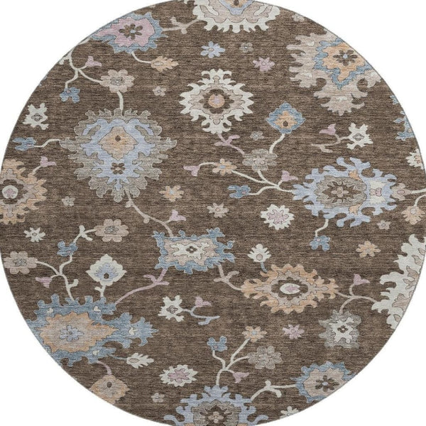 HomeRoots 8' Round Floral Washable Rug in Chocolate, Blue & Beige - UV Protected, Non-Slip, Stain Resistant 688477