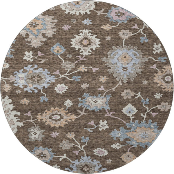 HomeRoots 8' Round Floral Washable Rug in Chocolate, Blue & Beige - UV Protected, Non-Slip, Stain Resistant 688477