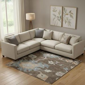 HomeRoots 9' X 12' Washable Floral Area Rug in Chocolate, Blue & Beige - UV Protected for High-Traffic Areas 688479