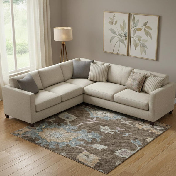 HomeRoots 9' X 12' Washable Floral Area Rug in Chocolate, Blue & Beige - UV Protected for High-Traffic Areas 688479