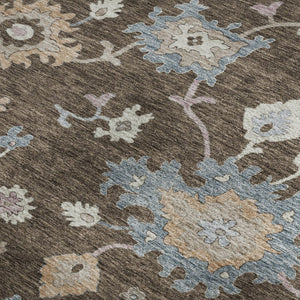 HomeRoots 9' X 12' Washable Floral Area Rug in Chocolate, Blue & Beige - UV Protected for High-Traffic Areas 688479