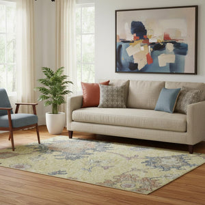 HomeRoots 5' X 8' Elegant Gold Blue Ivory Floral Washable Area Rug with UV Protection for Busy Homes 688482