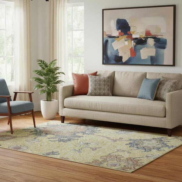 HomeRoots 5' X 8' Elegant Gold Blue Ivory Floral Washable Area Rug with UV Protection for Busy Homes 688482