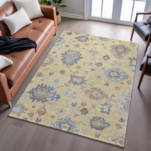 HomeRoots 5' X 8' Elegant Gold Blue Ivory Floral Washable Area Rug with UV Protection for Busy Homes 688482