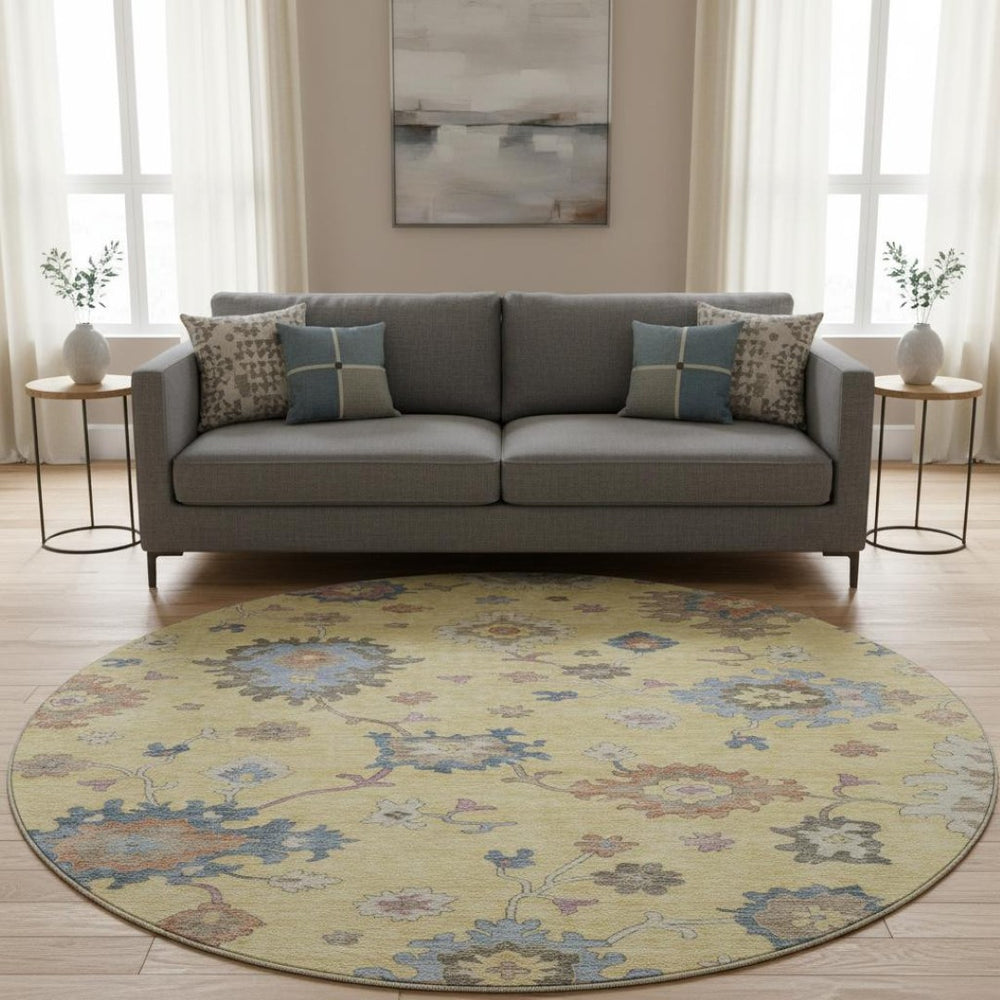 HomeRoots 8' Elegant Floral Washable Round Rug in Gold, Blue & Ivory - UV Protected & Stain Resistant 688483
