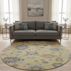 HomeRoots 8' Elegant Floral Washable Round Rug in Gold, Blue & Ivory - UV Protected & Stain Resistant 688483